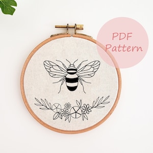 Bee and flower embroidery pattern, bee embroidery PDF,  floral bee hand embroidery design, embroidery template, embroidery hoop art, DIY