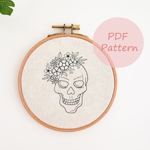 Floral skull embroidery pattern, Halloween embroidery pattern pdf, skeleton embroidery design, modern hand embroidery, embroidery template