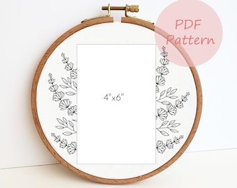 Lavender photo frame embroidery pattern, floral picture frame hand embroidery design, flower PDF pattern, needlepoint, DIY handmade gift