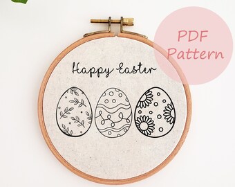 Op de afbeelding: Een ronde borduurring met een beige stof met drie geïllustreerde paaseieren en de zwarte woorden "Happy Easter". De eieren zijn versierd met bladeren, krullen en bloemen. Een roze cirkel met de tekst "PDF Pattern" staat rechtsboven.
