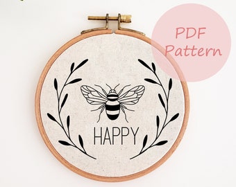 Motif de broderie heureux abeille, motif PDF de broderie abeille, motif de broderie à la main reine des abeilles, motif numérique, art de la broderie abeille, décor abeille