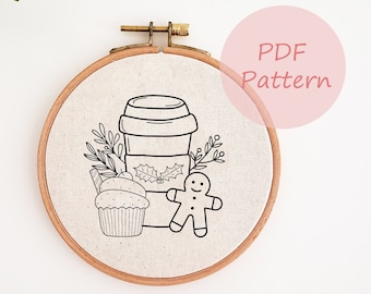 Christmas coffee, gingerbread man embroidery pattern, Christmas embroidery PDF pattern, holiday hand embroidery pattern, holiday embroidery