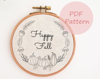 Fall wreath PDF embroidery pattern, happy fall hand embroidery design, pumpkin, mushroom, nut embroidery pattern, beginner embroidery pdf