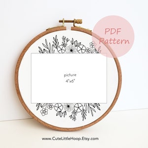 Flower photo holder embroidery pattern, floral picture frame hand embroidery design, PDF pattern, needlepoint beginner, DIY gift, 4x6