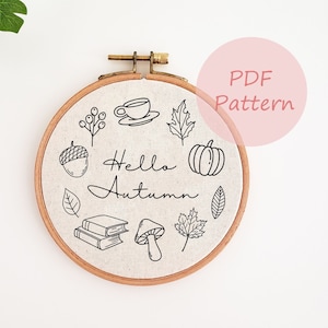 Hello autumn embroidery pattern, pumpkin, mushroom, fall leaves, coffee embroidery design, printable hand embroidery pattern, PDF pattern