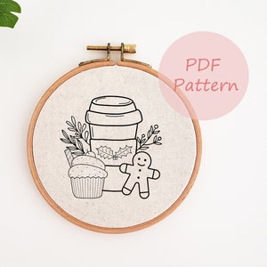 Christmas coffee, gingerbread man embroidery pattern, Christmas embroidery PDF pattern, holiday hand embroidery pattern, holiday embroidery