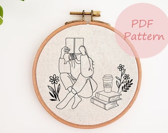 Girl with book embroidery pattern, book and coffee embroidery PDF, beginner hand embroidery design, embroidery template, bookish decor, DIY