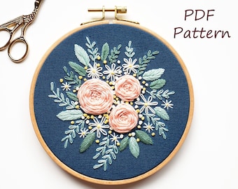 Pink rose embroidery pattern, embroidery pattern, floral embroidery pattern, embroidery PDF, hand embroidery, DIY kit, pdf pattern, hand
