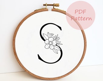 Floral monogram hand embroidery design, 26 initial embroidery PDF pattern, nursery wall decor, beginner DIY gift, alphabet letter flower