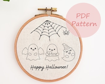 Halloween PDF pattern, spider web, ghost boo embroidery pattern, hand embroidery design, halloween home decor, embroidery hoop art, fall DIY