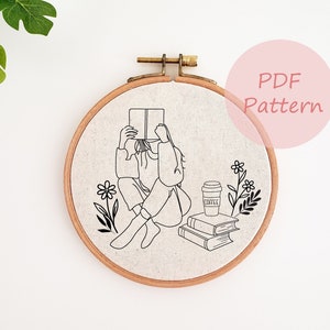 Girl with book embroidery pattern, book and coffee embroidery PDF, beginner hand embroidery design, embroidery template, bookish decor, DIY