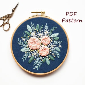 Pink rose embroidery pattern, embroidery pattern, floral embroidery pattern, embroidery PDF, hand embroidery, DIY kit, pdf pattern, hand image 1