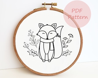 Fox with scarf PDF embroidery pattern, winter embroidery template, winter animal hand embroidery design, Christmas ornament, home decor, DIY