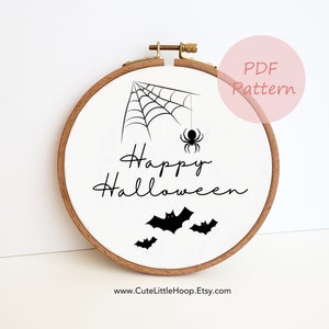 Happy Halloween embroidery pattern, spooky embroidery PDF pattern, spider bat hand embroidery design, beginner pattern, autumn home decor
