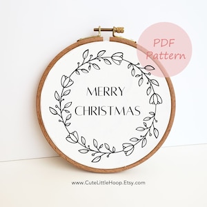 Merry Christmas wreeath embroidery pattern, winter embroidery PDF pattern, hand embroidery design, Christmas ornament, DIY winter craft