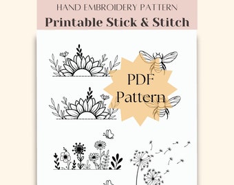 Printable stick and stitch, dandelion, bee, sunflower PDF hand embroidery design, embroidery pattern on jean pocket shoes, DIY birthday gift