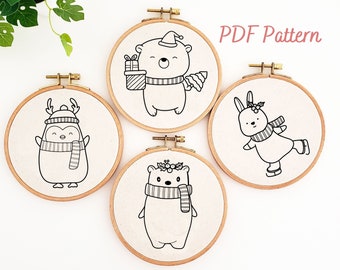 Animal embroidery pattern, Christmas ornament embroidery design, printable hand embroidery, winter embroidery PDF pattern, DIY wall decor