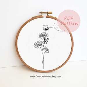 Daisy bee embroidery PDF pattern, wildflower hand embroidery design, DIY handmade gift, easy beginner floral needlepoint, home wall art