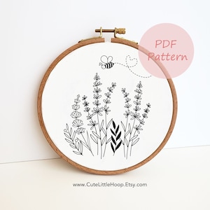 Lavender bee embroidery PDF pattern, wildflower hand embroidery design, DIY handmade gift, easy beginner needlepoint, spring home decor art