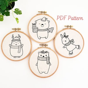 Animal embroidery pattern, Christmas ornament embroidery design, printable hand embroidery, winter embroidery PDF pattern, DIY wall decor
