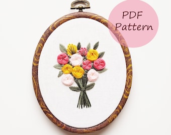 Bouquet PDF pattern, rose hand embroidery pattern, beginner embroidery pattern, rose flower hand embroidery pattern, DIY embroidery gift