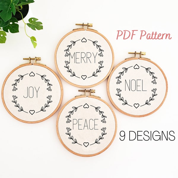 Word ornament set embroidery pattern, Christmas ornament embroidery design, printable hand embroidery, PDF pattern, Christmas tree decor