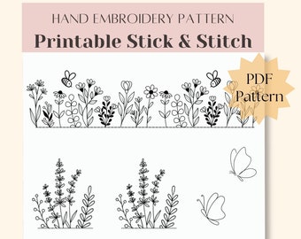 Printable stick and stitch, PDF design embroidery on denim jacket, canva shoes, wildflower hand embroidery pattern bundle, DIY handmade gift