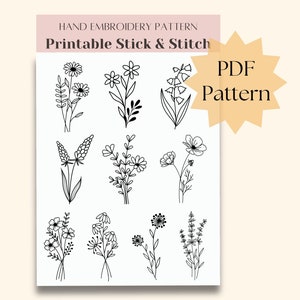Printable stick and stitch, flower bouquet hand embroidery pattern bundle, trendy embroidery on clothes, digital download, DIY handmade gift