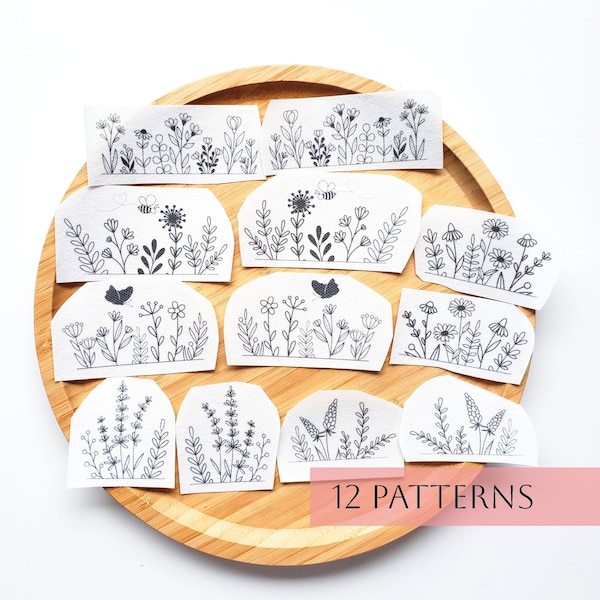 Wildflower pair stick and stitch, hand embroidery pattern, peel and stick, stick on design, flower stitch sticker, DIY clothing embroidery