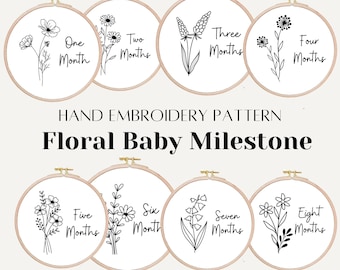 Wildflower baby milestone embroidery pattern, monthly floral hand embroidery design, PDF pattern, newborn nursery photo, DIY monthly marker