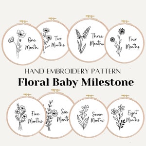 Patrón de bordado de hitos de bebé de flores silvestres, diseño de bordado floral mensual a mano, patrón PDF, foto de guardería para recién nacidos, marcador mensual de bricolaje