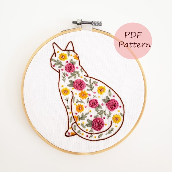 Motif de broderie de chat, pdf de broderie, kit de broderie facile, broderie à la main, motif de broderie florale, motif de broderie diy, motif de chat