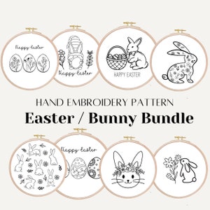 Easter embroidery pattern bundle, easter egg PDF pattern, easter bunny hand embroidery design, rabbit flower, DIY Easter decor, needlepoint