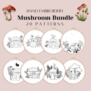 Peut inclure: Un ensemble de 20 motifs de broderie à la main représentant des champignons dans différents styles. Les motifs sont affichés sur des cerceaux de broderie blancs avec des contours noirs.