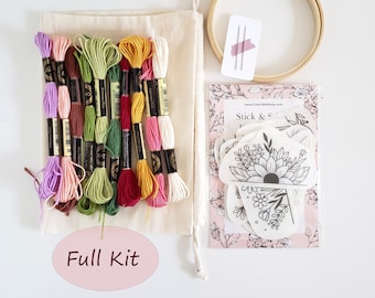 Stick and stitch embroidery kit, stick on embroidery pattern, flower embroidery pattern, embroidery DIY kit, birthday gift for best friend