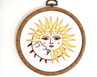 Sun moon embroidery hoop art, hand embroidery wall decor art, finished embroidery piece, birthday gift for best friend, handmade gift