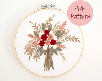 Wedding embroidery pattern, wedding bouquet, hand embroidery PDF, floral embroidery pattern, rose cross stitch pattern, simple embroidery