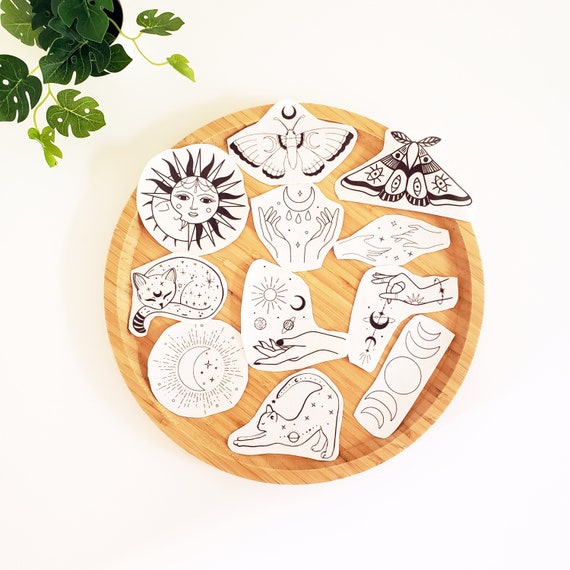 Sun moon embroidery pattern, stick and stitch embroidery, stick on embroidery pattern, peel and stick, moon phase embroidery, mystical cat
