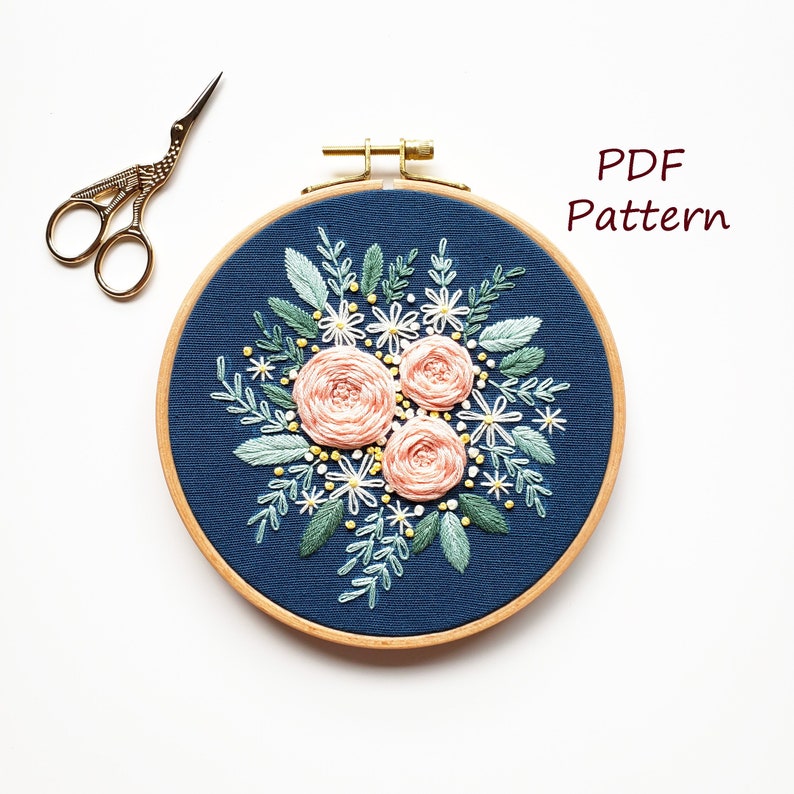 Pink rose embroidery pattern, embroidery pattern, floral embroidery pattern, embroidery PDF, hand embroidery, DIY kit, pdf pattern, hand image 1