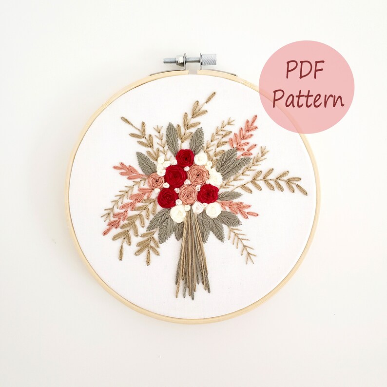 Wedding embroidery pattern, wedding bouquet, hand embroidery PDF, floral embroidery pattern, rose cross stitch pattern, simple embroidery image 1