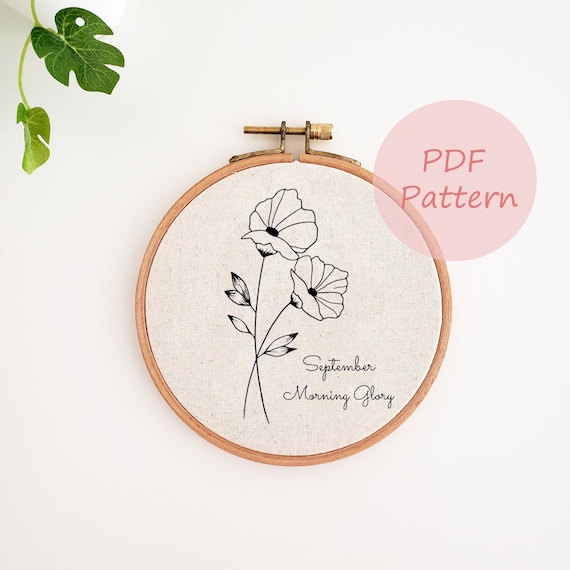 刺繍絵 9月の誕生月の刺繍パターン、アサガオの花の手刺繍デザイン、印刷可能