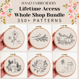 Lifetime access whole shop hand embroidery pattern bundle, mega PDF hand embroidery design bundle, DIY beginner needlepoint pattern, craft