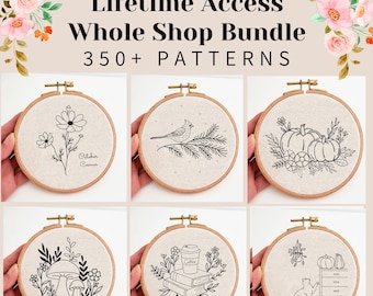 Lifetime access whole shop hand embroidery pattern bundle, mega PDF hand embroidery design bundle, DIY beginner needlepoint pattern, craft