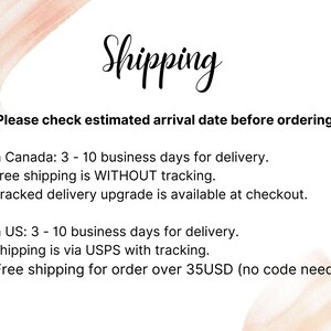 May include: The word "Shipping" is written in a cursive font at the top of a white background. Below, the text "Please check estimated arrival date before ordering" is displayed. Additional text details delivery times and shipping methods for Canada and the US.