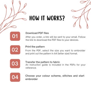 May include: A four-step guide on how to embroider. The steps are: Download PDF files, Print the pattern, Transfer the pattern to fabric, and Choose your color scheme, stitches and start embroider.