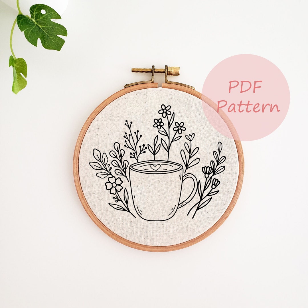 Flower Cup Embroidery Pattern, Tea, Coffee Cup Embroidery Design, Fall