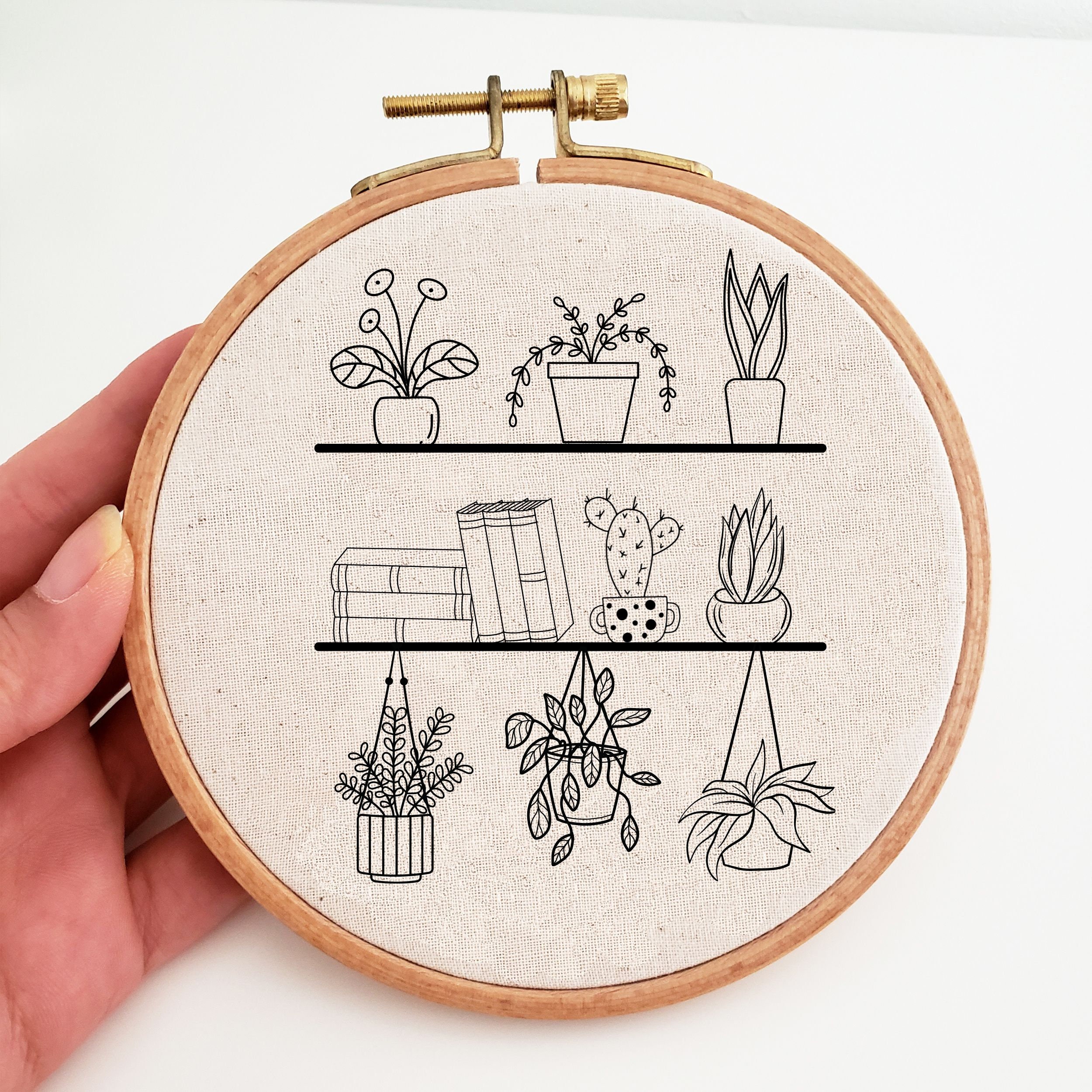 Houseplant With Bookshelf Embroidery Pattern, Hanging Plant Book Hand ...
