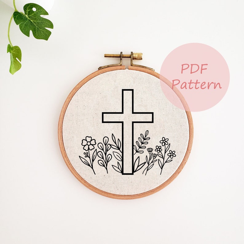 Christian Cross Embroidery Pattern, Floral Cross Hand Embroidery Design ...