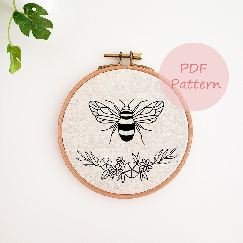 Bee and flower embroidery pattern, bee embroidery PDF, floral bee hand embroidery design, embroidery template, embroidery hoop art, DIY image 1