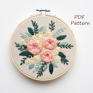 Flower embroidery pattern, pdf embroidery pattern, easy embroidery kit, rose embroidery pdf pattern, bouquet embroidery, simple embroidery